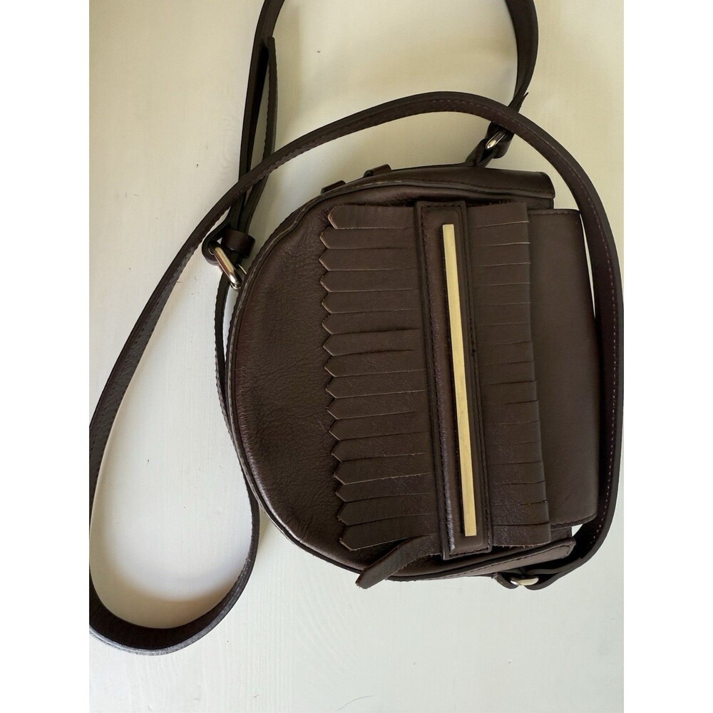 Massimo Dutti Brown Leather Crossbody Bag Flap Style With Gold Bar Accent